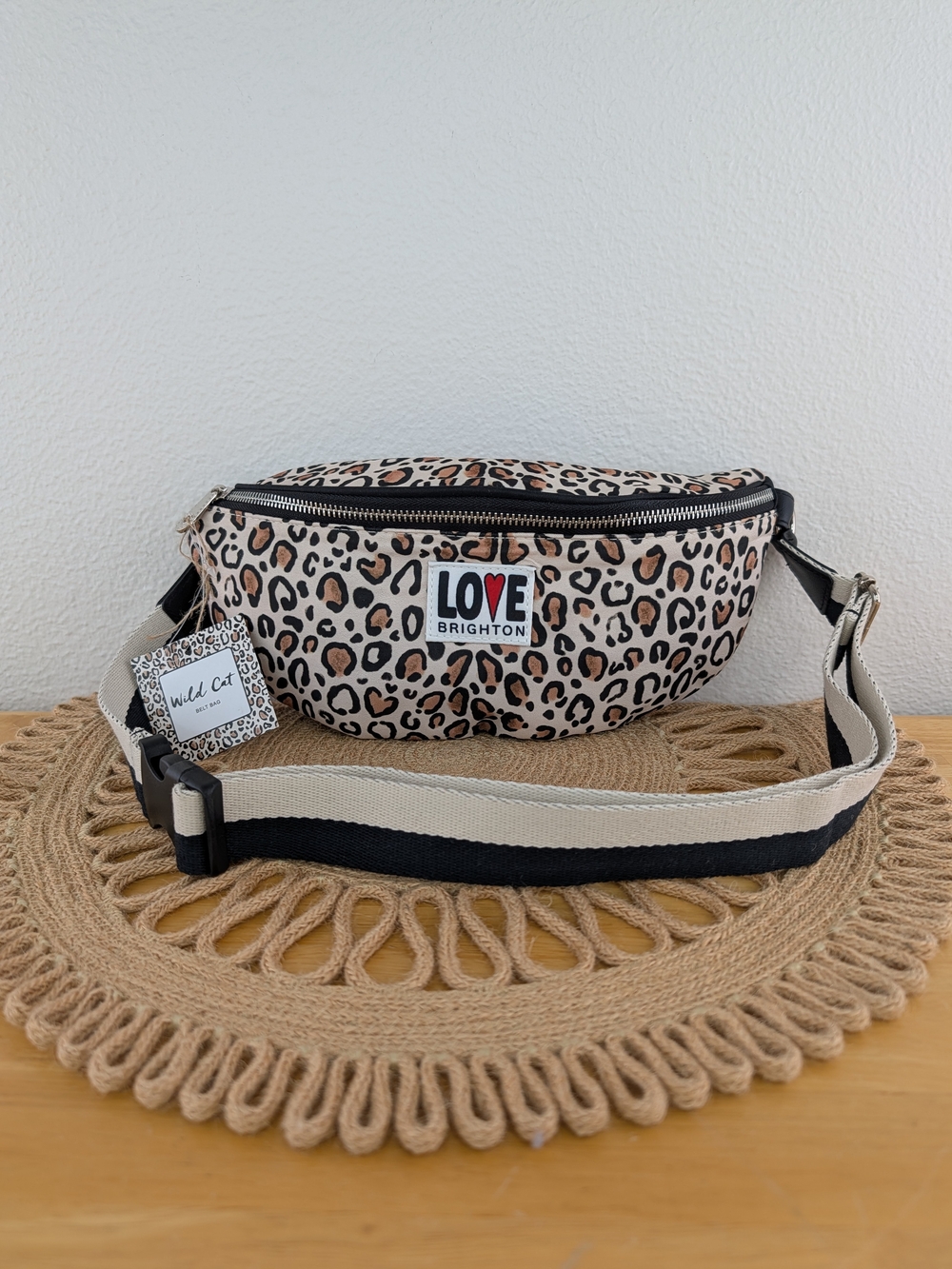 Brighton Love Leopard Print Shoulder Sling Belt Bag Black Brown Silver Hardware